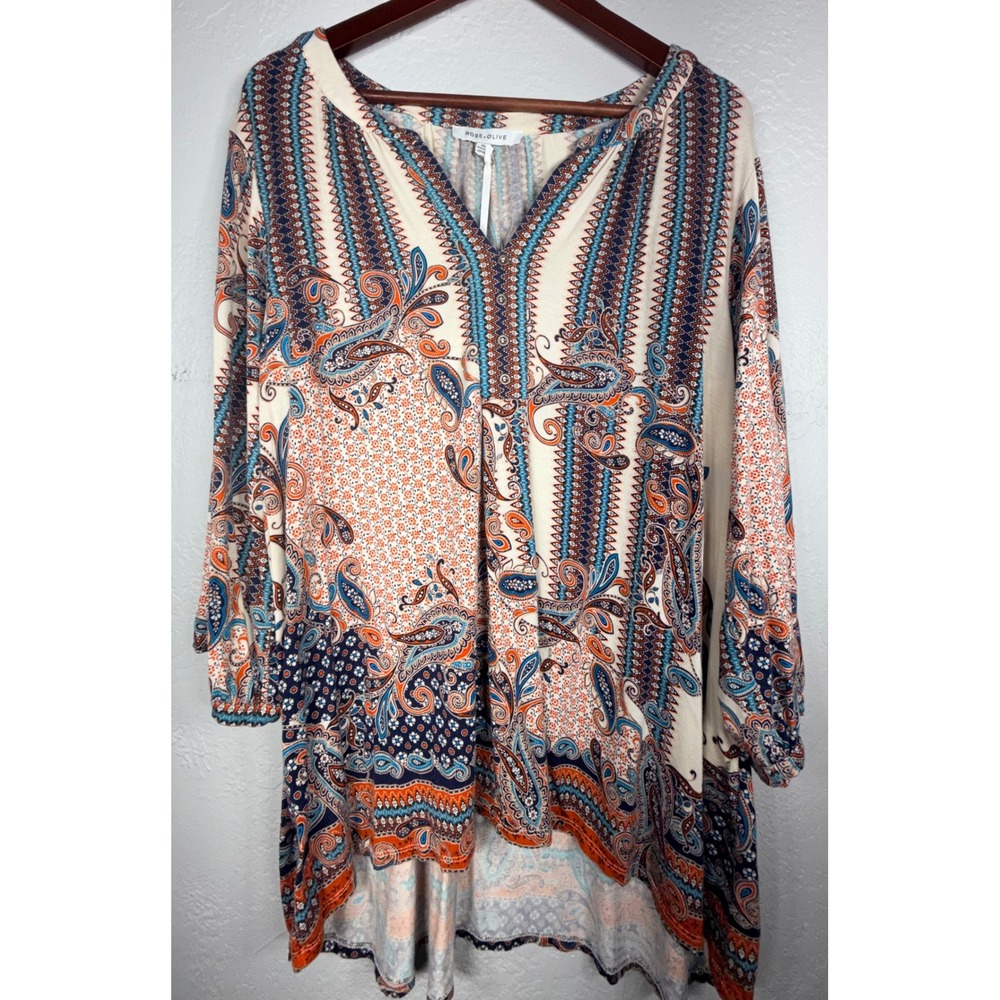 Rose + Olive Womens 2X Paisley Tunic Top Blue Orange V-Neck High-Low Boho Blouse